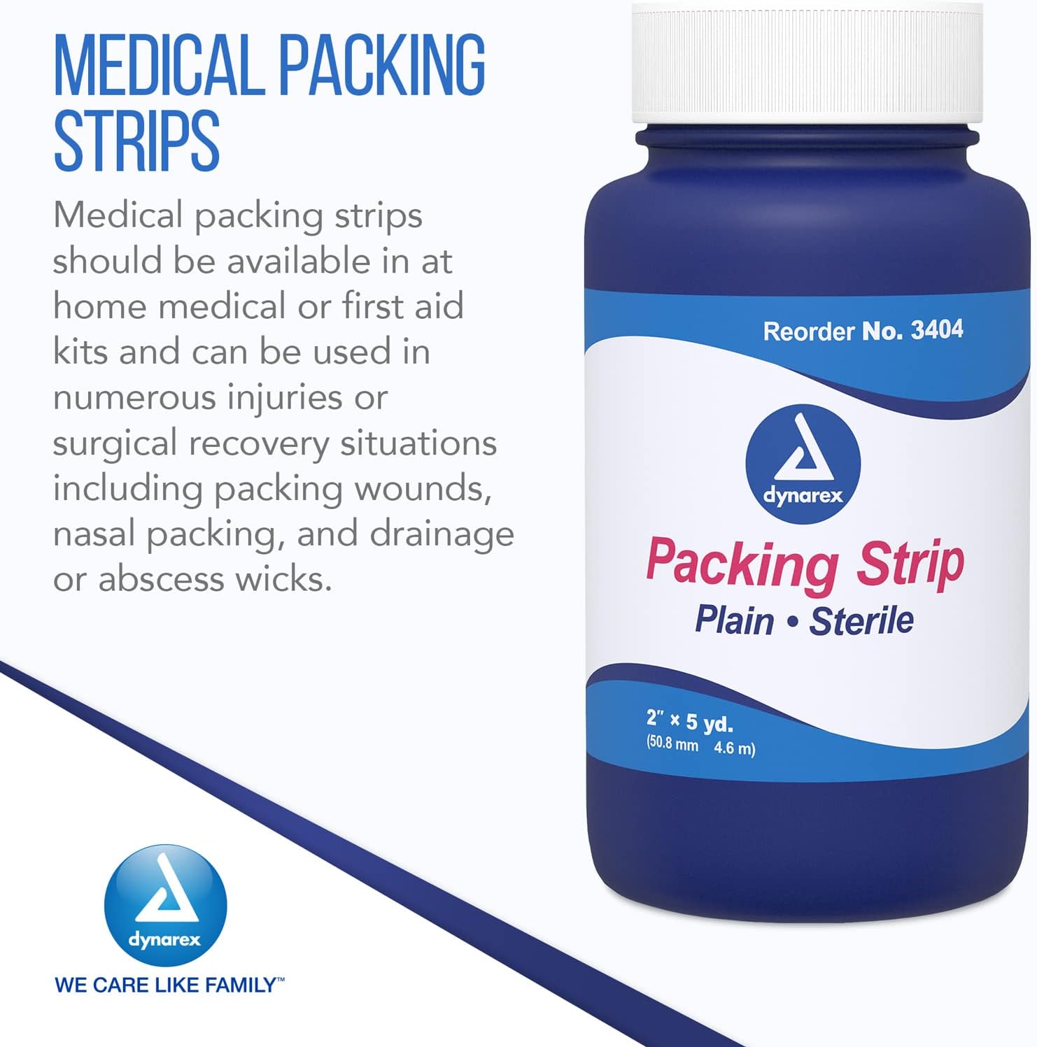 Dynarex Plain Packing Strip, Sterile Wound Care, 100% Cotton Woven Medical Packing Strip, Soft & Absorbent, 2” x 5 yd., 1 Case of 12 Packing Strip in Jars