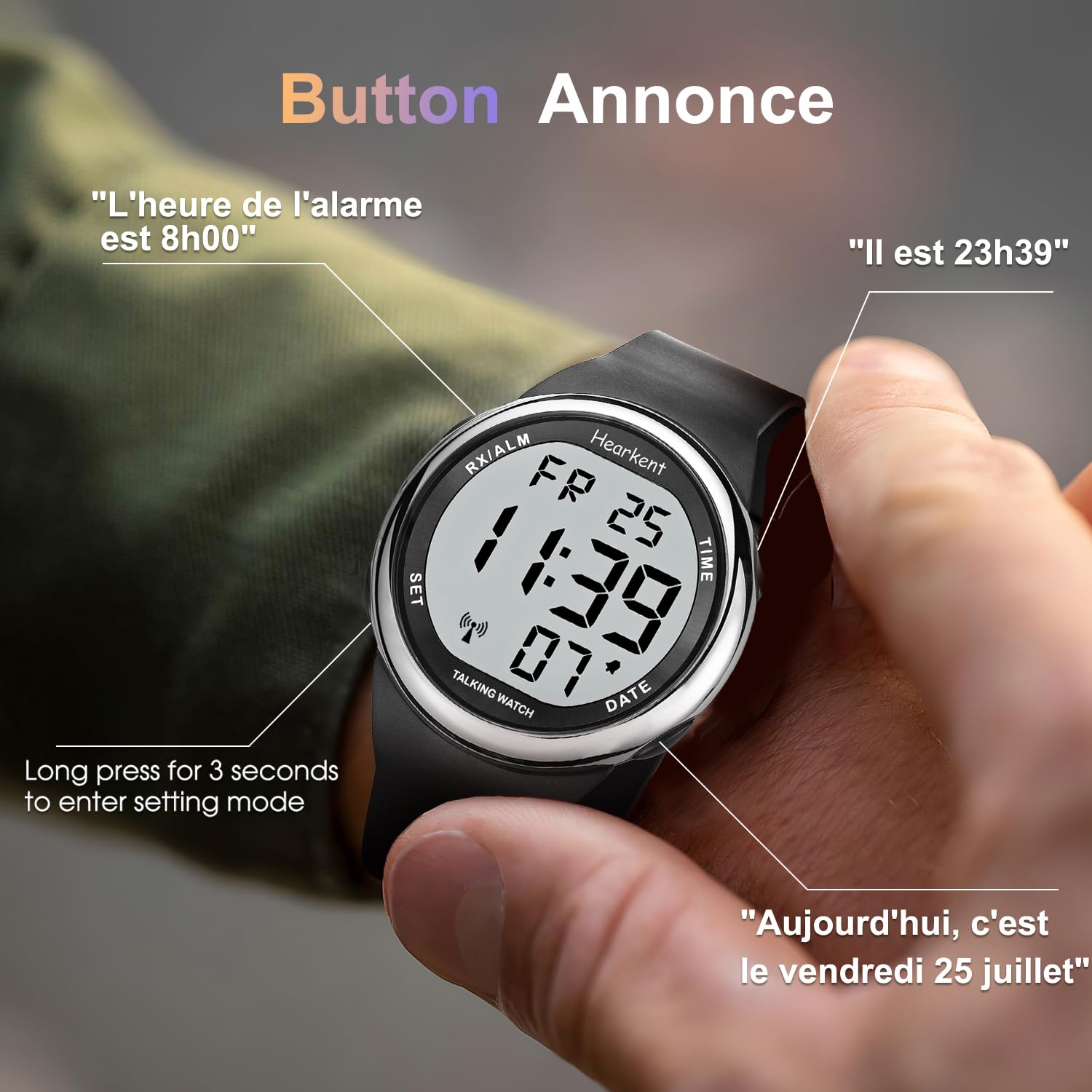 Hearkent Orologio parlante per non vedenti e anziani, orologio vocale francese per ciechi con grande schermo LCD