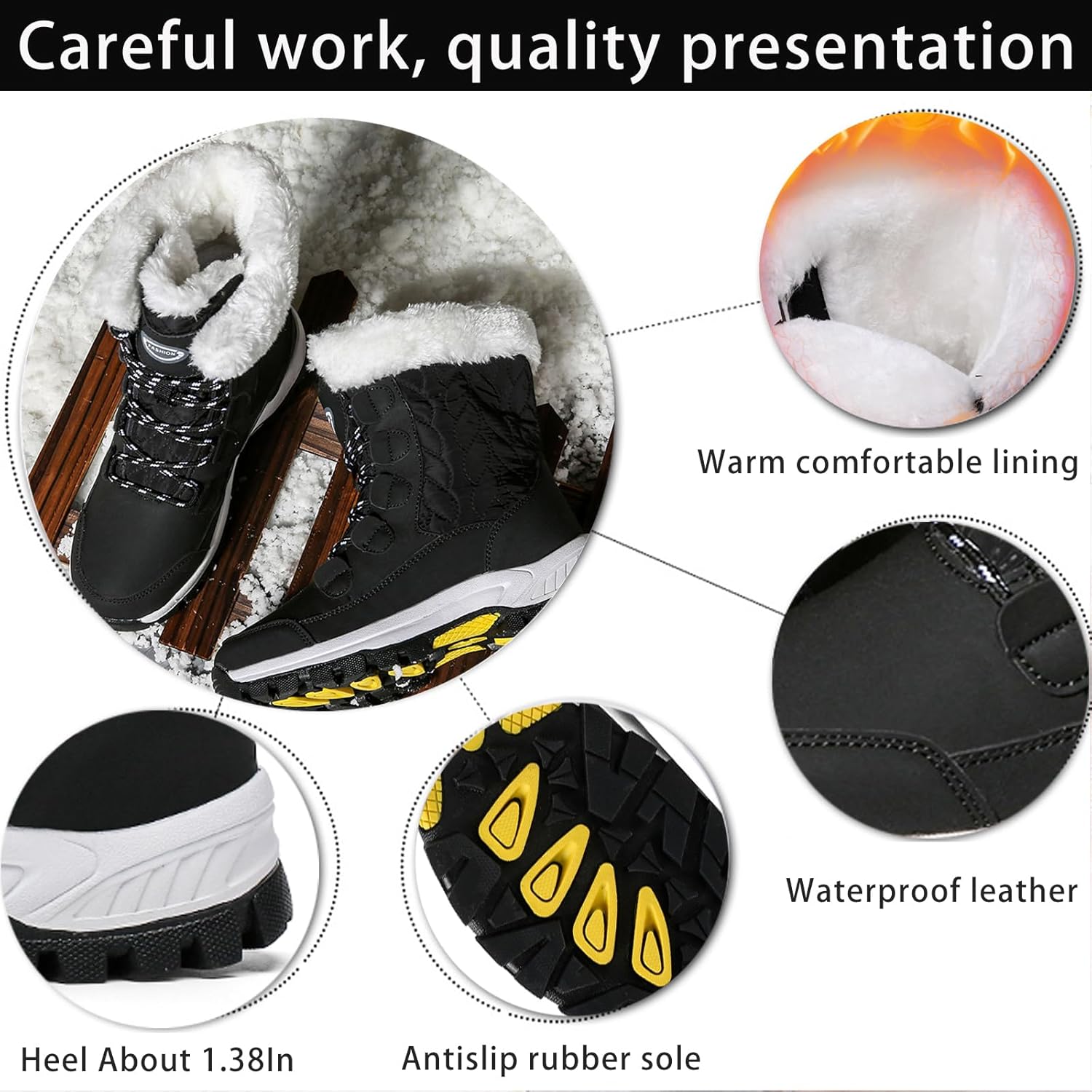 Women's Winter Faux Leather Platform Lace-Up Snow Boots Fashion Round Toe Fur Lined Lug Sole Outdoor Waterproof Non-Slip Mid Calf Warm Boots