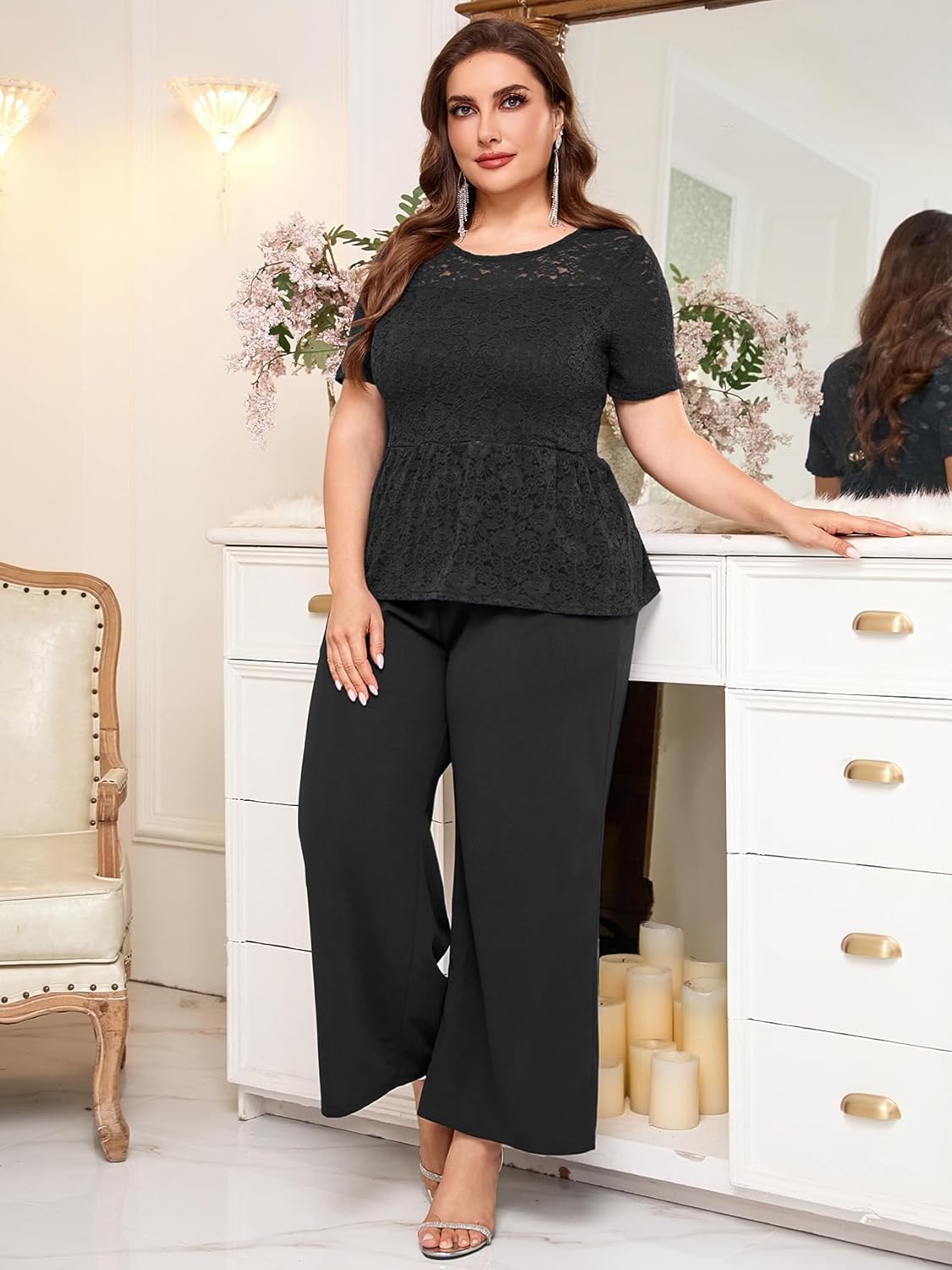 ZOMVA 0X-4X Plus Size Mother of Bride Groom Pant Suits Elegant Lace Short Sleeve Pantsuits 2 Piece Sets Formal Wedding Guest