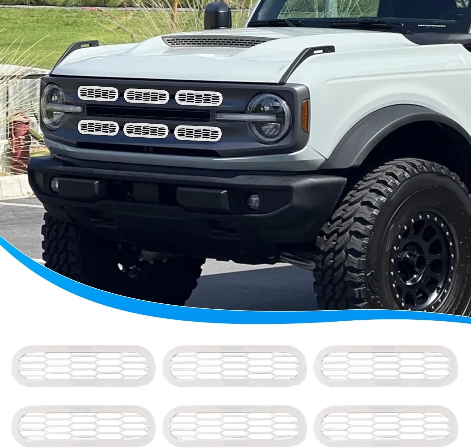 Front Grill Mesh Grille Inserts Cover Frame, Front Bumper Inserts Grill Guard Clip-on Decoration Accessories for Ford Bronco Offroad 2/4 Door 2021 2022 2023 2024 2025 (White)