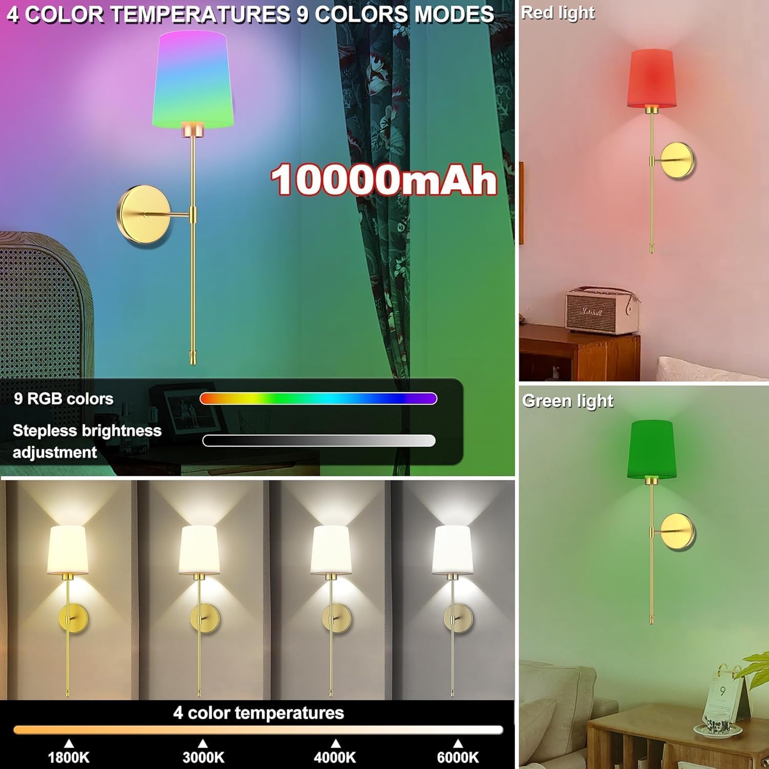 10000mAh Battery Operated Wall Sconces Set of Two, Wireless Sconces Set of 2 Wall Light with RGB Rechargeable Magnetic Bulb, Sconces Wall Decor Set of 2 for Living Room Bedroom, Gold