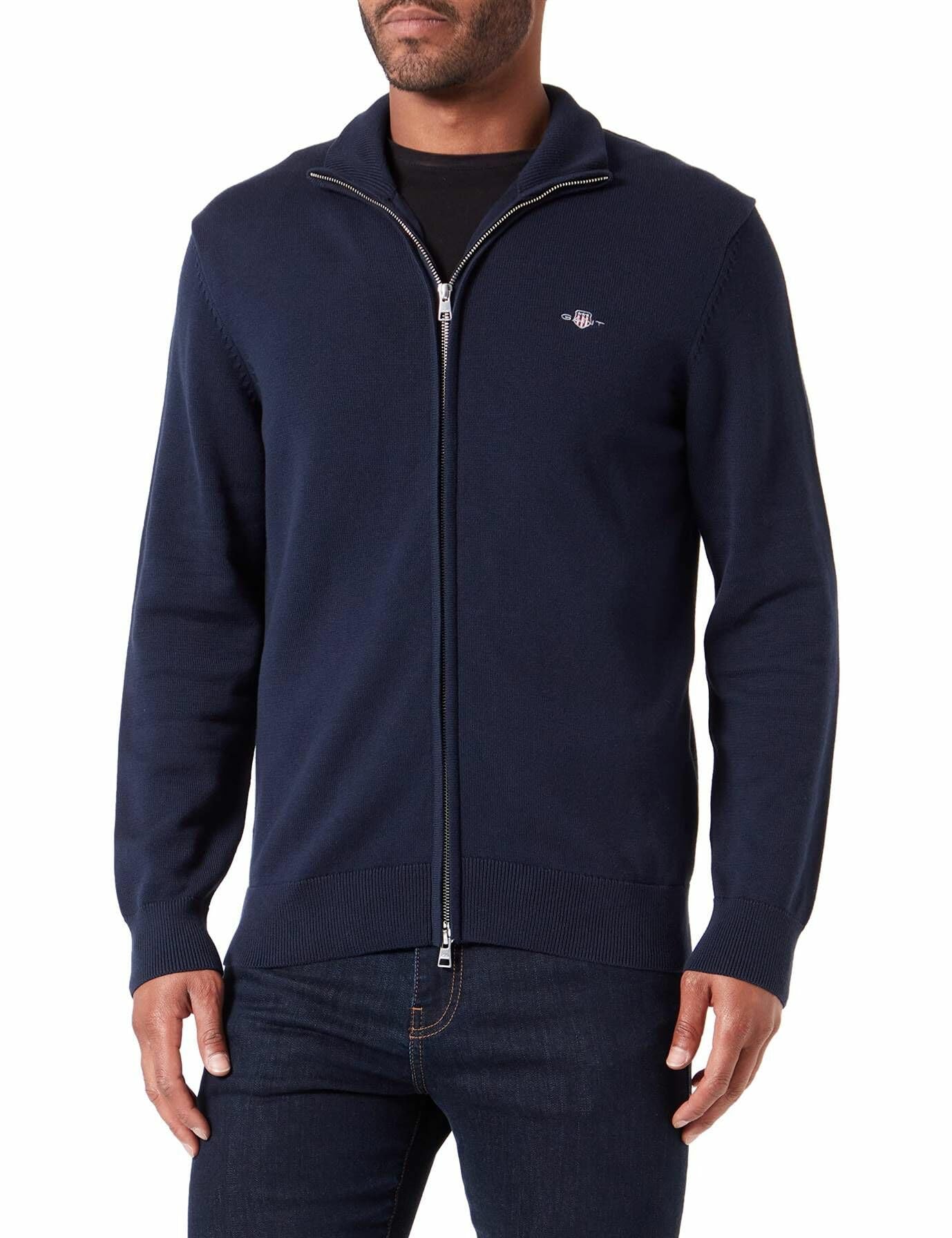 GANT Men's Casual Cotton Zip Cardigan, Evening Blue, XL