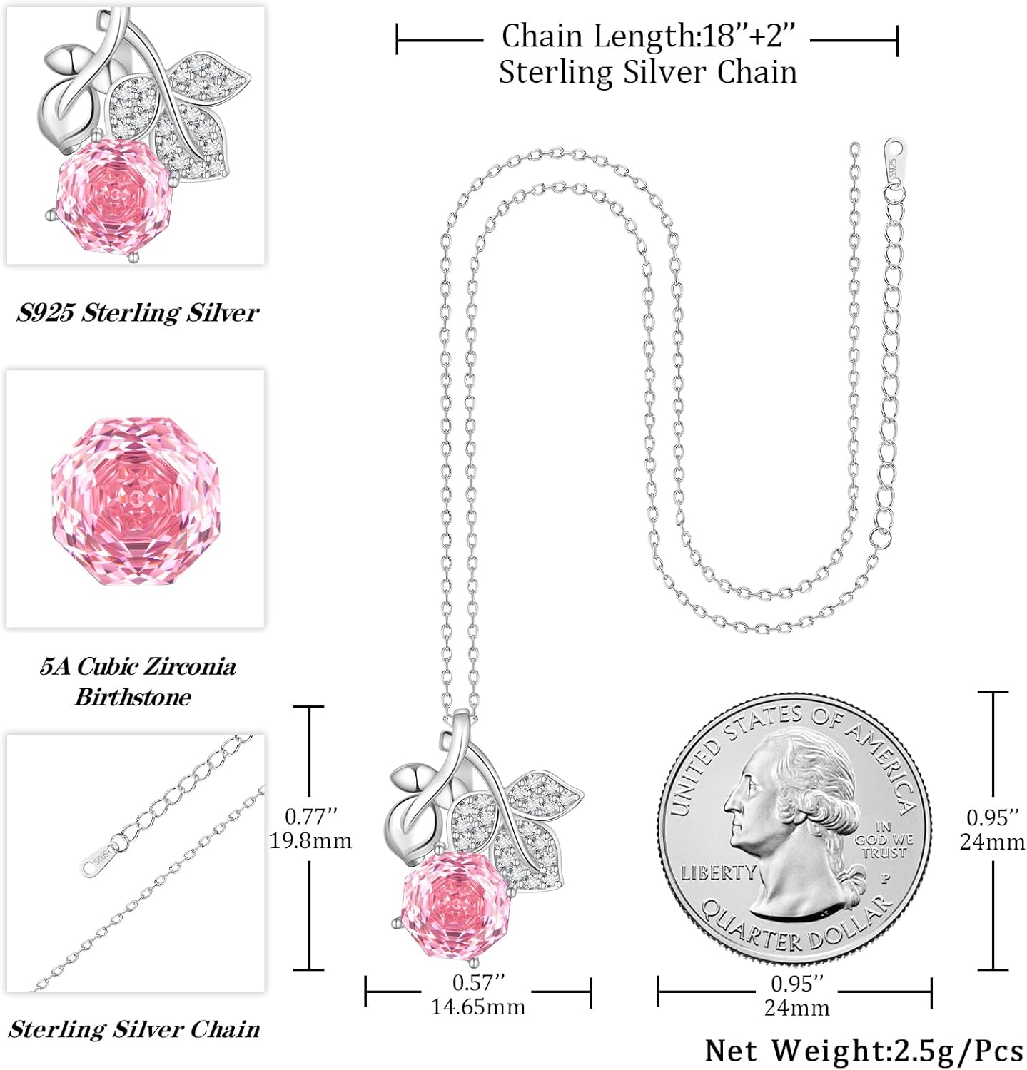 Aurora Tears Birthstone Rose Pendant Necklace - 925 Sterling Silver Rose Cut Cubic Zirconia Flower Leaf Necklace Anniversary Birthday Jewelry Gift for Women Wife Mom Daughter - Image 4