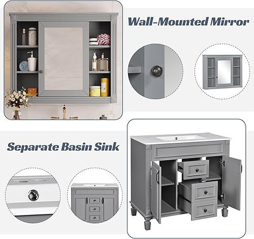 Miniatura 68 de Merax Tocador de baño de 36 pulgadas con fregadero, armario de almacenamiento de tocador de baño de 36 pulgadas con espejo a juego, parte superior