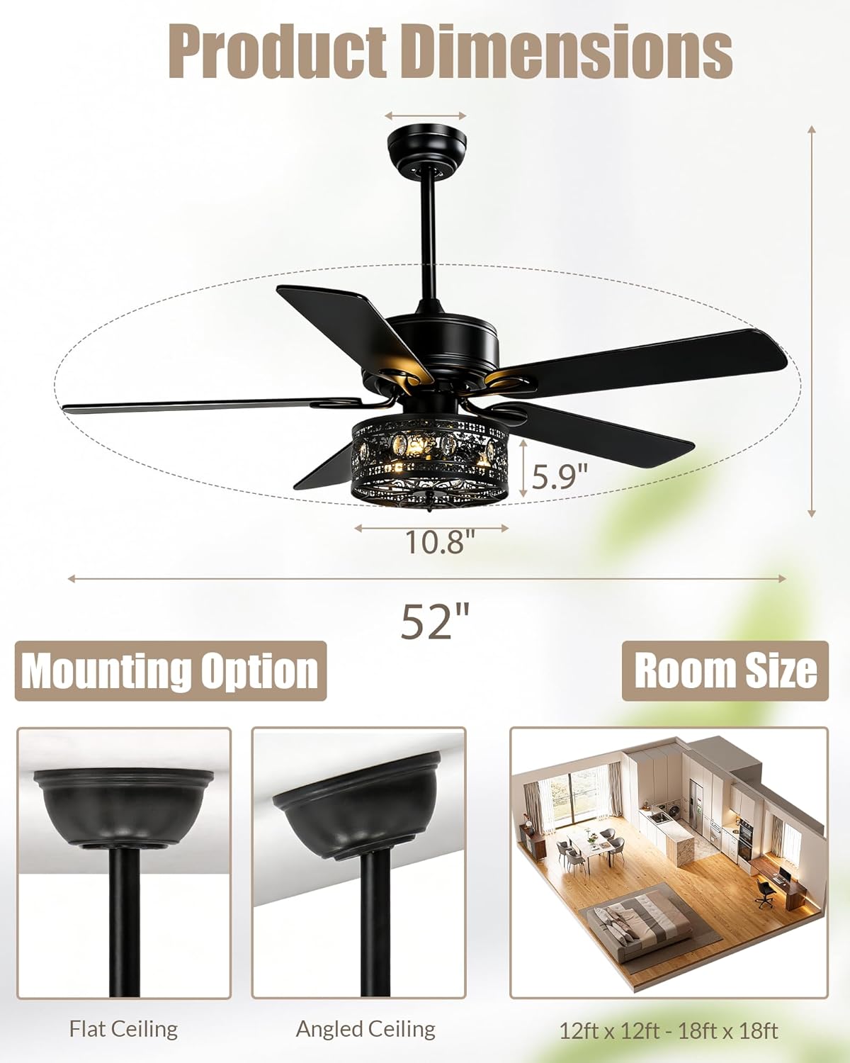 52-Inch Farmhouse Caged Ceiling Fan with Light and Remote, Modern Rustic Fandelier with Clear Crystal Accent Drum Shade, 5 Reversible Blades, Quiet DC Motor for Bedroom, Living Room, Matte Black