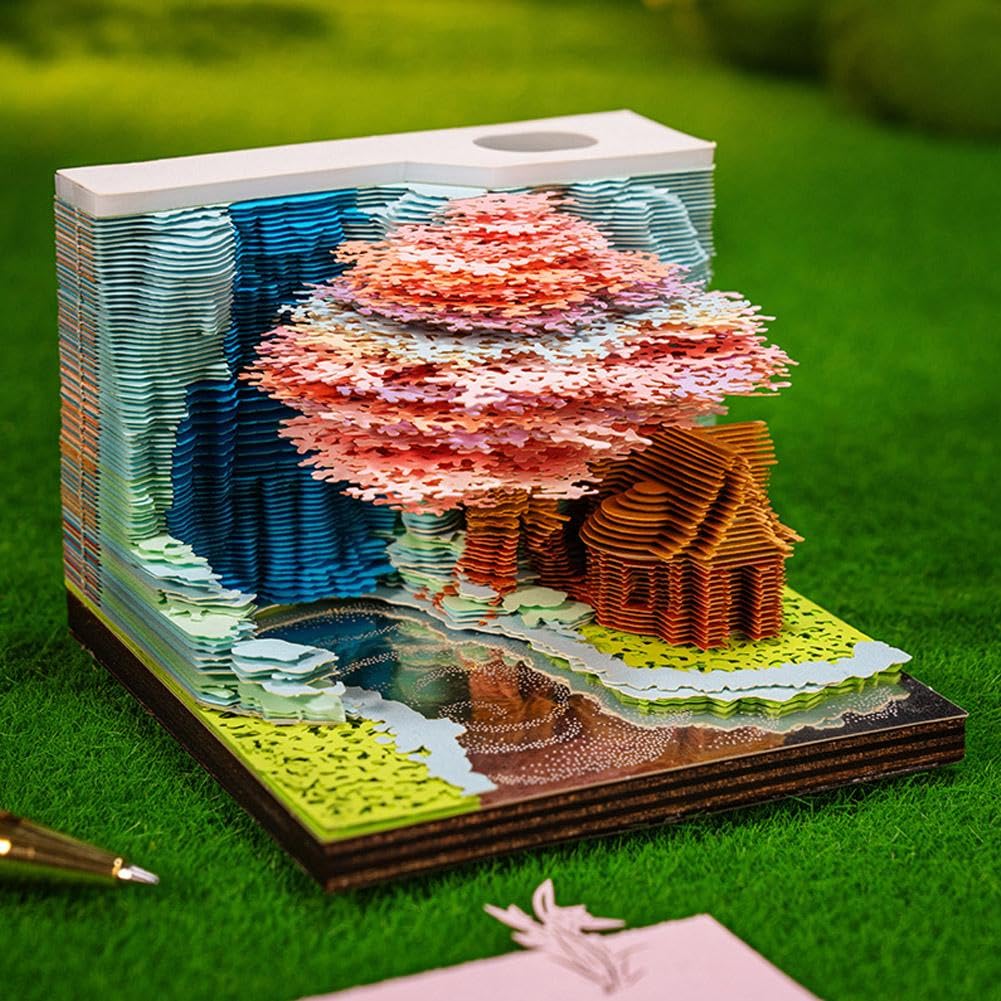 3D Desk Calendar 2026 with LED Light, Time Piece Calendar 2025, Tear-Away 3D Paper Art Notepad, Creative 3D Memo Artsy Calendar Carving Art Memo Pad for Christmas Desktop Decoration Weekly Calendar
