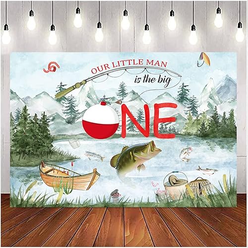 Miniatura 3 de Fondo de fotografía de Our Little Man is The Big One Wild Gone Fishing Background Boy First One Birthday Party Decor Baby Shower Fisherman Party