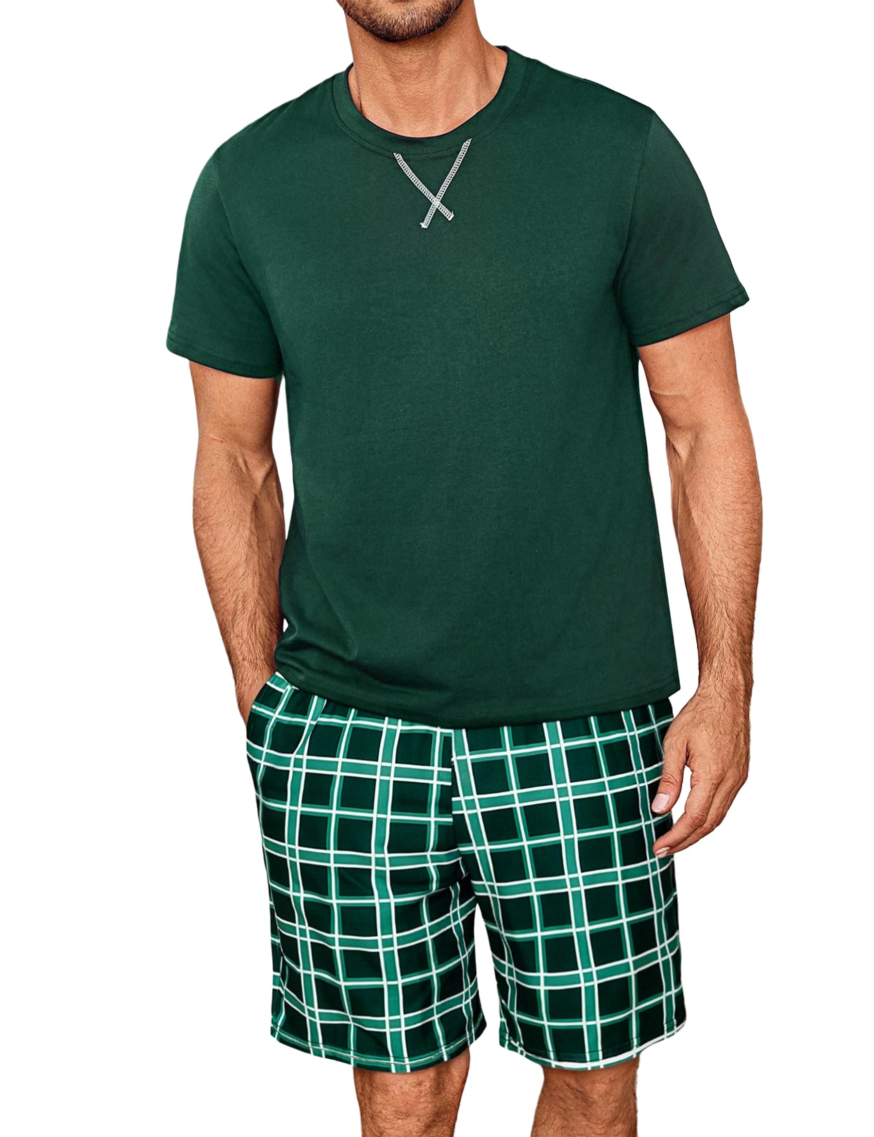 Demegimi Schlafanzug Herren Kurz Pyjama Set Baumwolle Sommer Shorty Nachtwäsche Kariert Pyjamaset Männer