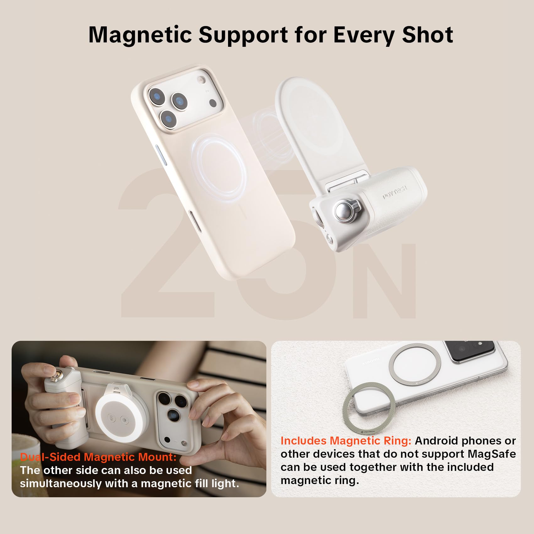PGYTECH MagCam 2 Smartphone Grip, 3-in-1 Modular Kit, Bluetooth Controller & Charging Grip & MagSafe Magnetic Wireless Charging Stand, for iPhone 12-17/Android 14 (Black) — view 3
