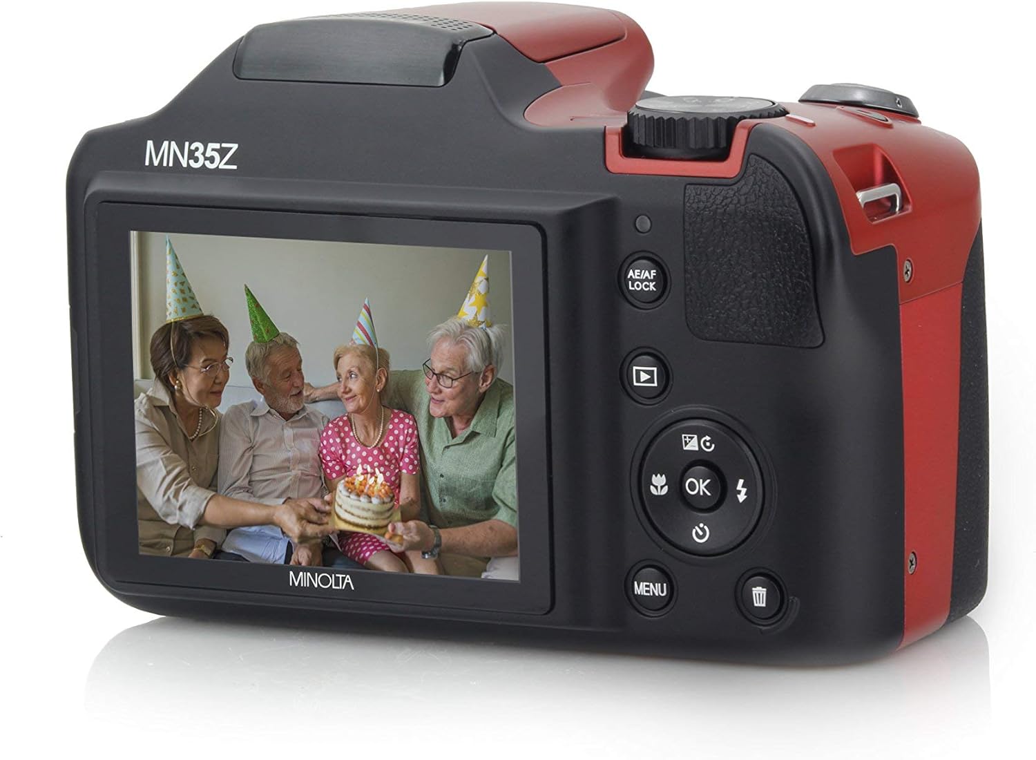 Minolta 20 Mega Pixels WiFiDigital Camera with 35x Optical Zoom & 1080p HD Video Optical with 3-Inch LCD, 4.8 x 3.4 x 3.2, Red (MN35Z-R) (Renewed)