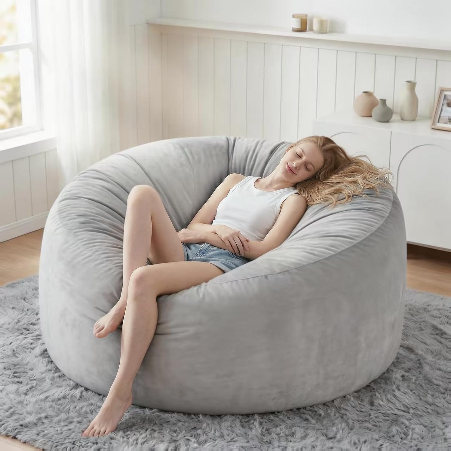 5FT Bean Bag Chairs for Adults, Huge BeanBag Chair with Washable Velvet Cover, Memory Foam Fillings & Ultra Soft Faux Fur Fabric Washable, Lazy Sofa for Gaming, Reading, Bedroom,Grey(55"x 55"x 28")