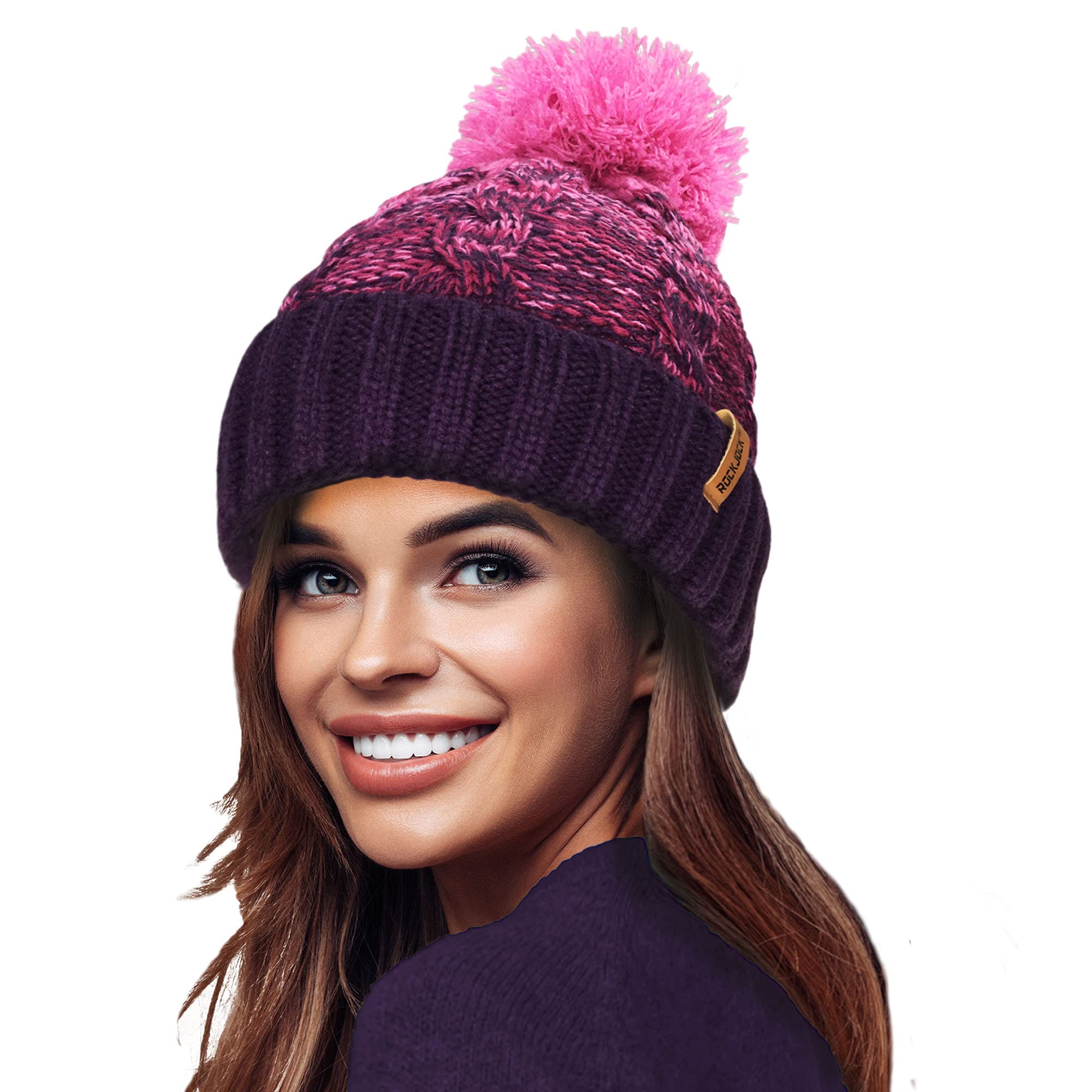 Rockjock Women's Purple/Cerise/Pink Stormactive 100% Waterproof Unisex Chunky Ombre Warm Winter Teddy Fleece Lined Knitted Pompom Beanie Hat