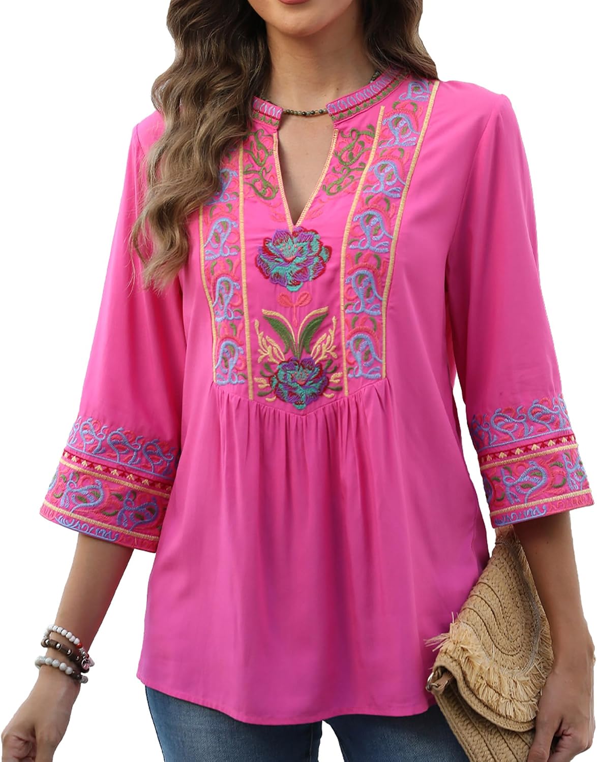 Grosy Traditional Floral Embroidered Tops for Women Mexican Peasant Blouses Bohemian Clothes Boho Tunic Gypsy Shirt