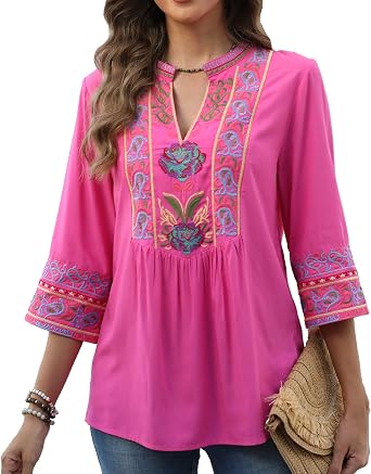 Grosy Traditional Floral Embroidered Tops for Women Mexican Peasant Blouses Bohemian Clothes Boho Tunic Gypsy Shirt