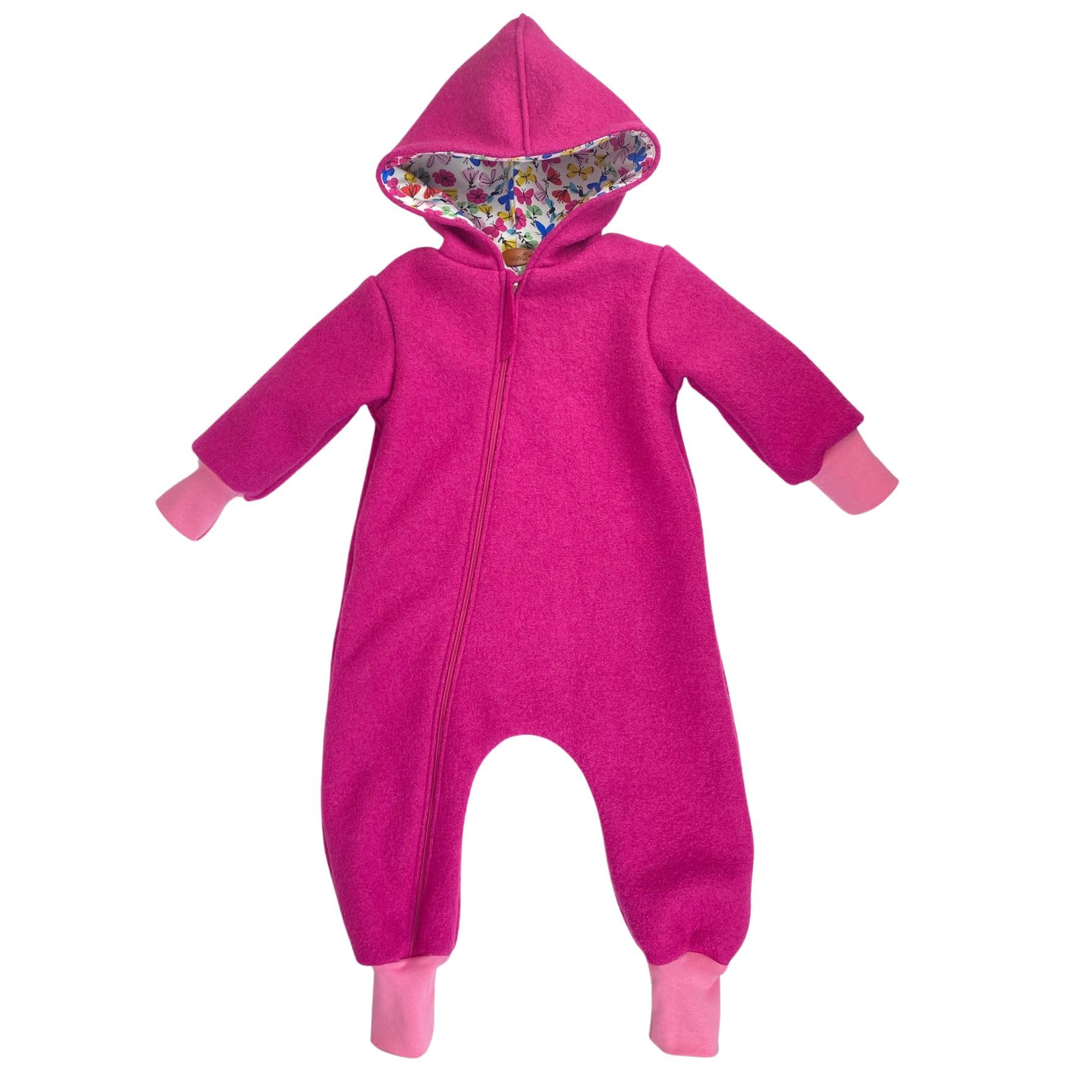 Lilakind Baby Kinder Wollwalk Overall mit Kapuze und Reißverschluss Fuchsia Pink mit Blumen und Schmetterlingen Gr. 62-116