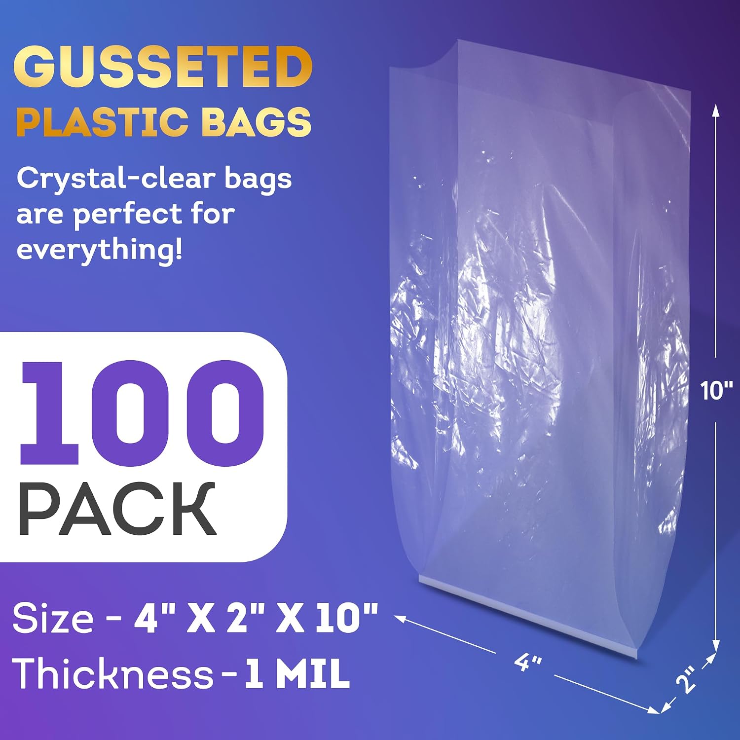 APQ Clear Gusseted Poly Bags, 4 x 2 x 10 Inch. Pack of 100 Gusseted Plastic Bags 1 Mil Thick for Favors with Open Top. Clear Plastic Bags for Packaging Cookies, Popcorn, Candies, Homemade Bread image 2