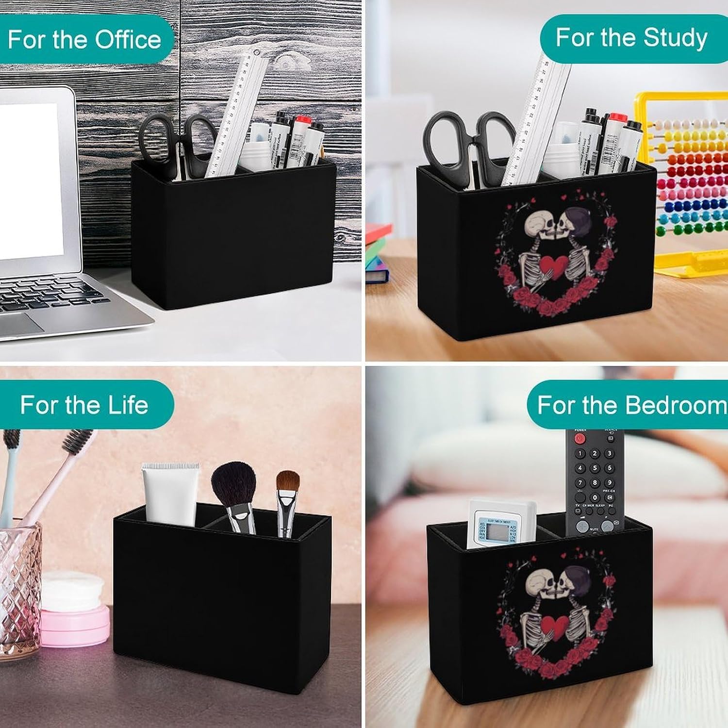 Lovers Skeletons Couple Pencil Pen Holder PU Leather Desk Storage Organizer Makeup Brush Box
