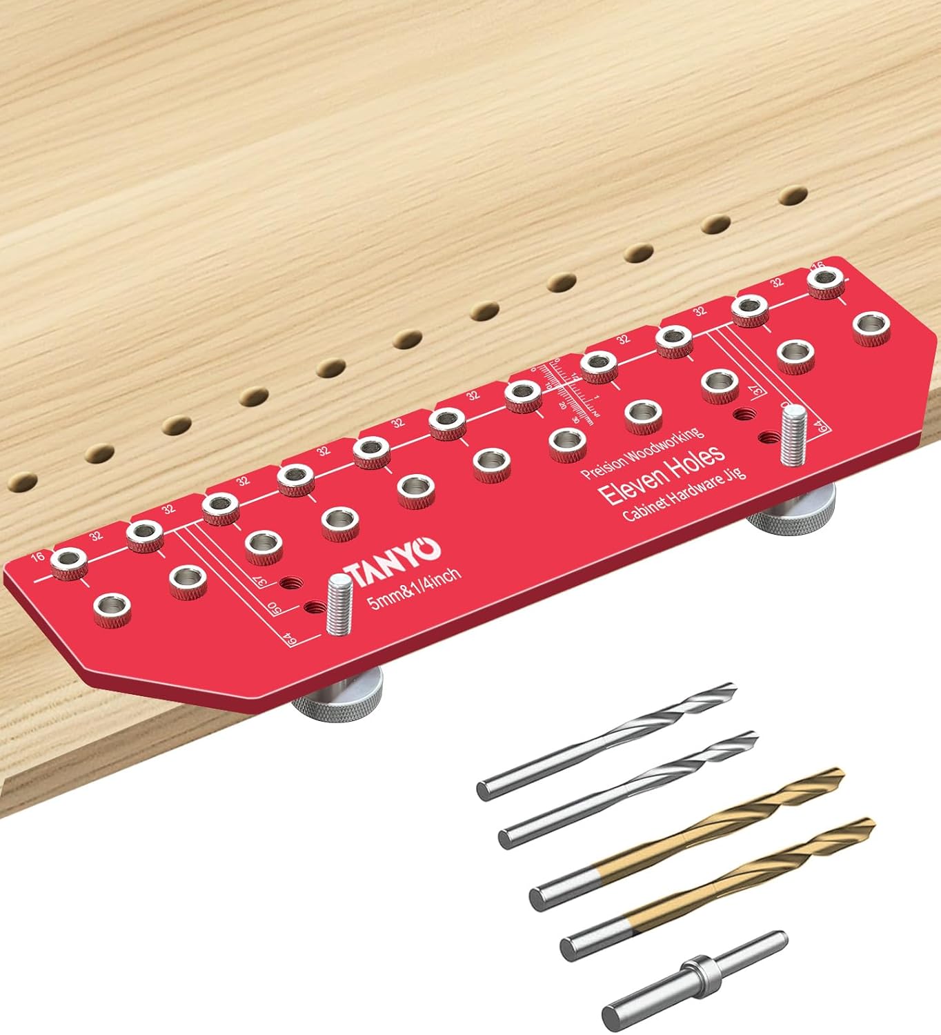 TANYO 11 Hole Shelf Pin Jig, Adjustable Shelf Hole Jig with 1/4" and 5mm Drill Bit, Self-contained Clamping Function Shelf Pin Drilling Jig Cabinet Hardware Jig Woodworking Tool Drill Guide