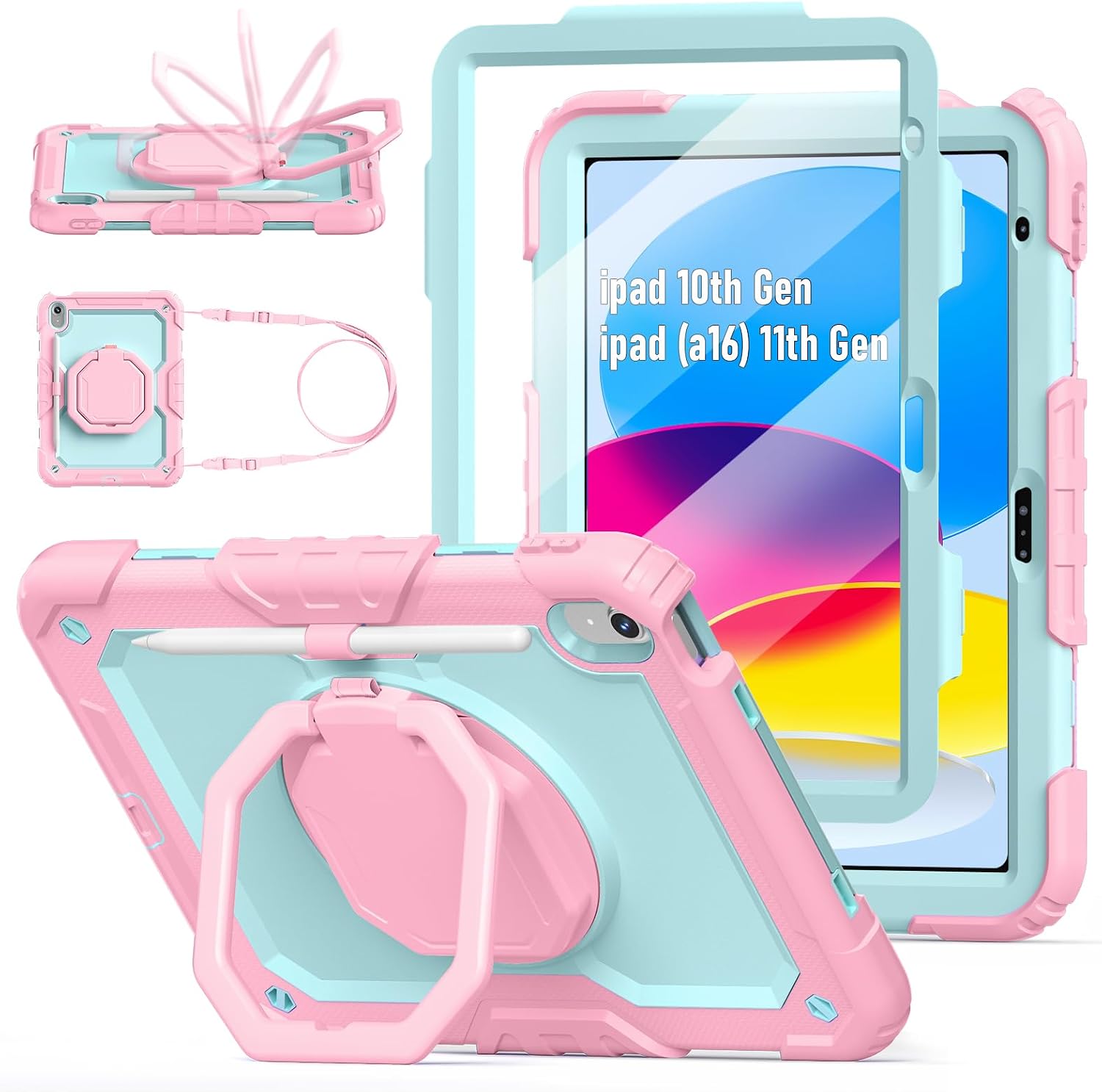 Case for iPad (A16) 11th Generation 11" 2025 and iPad 10th Generation 10.9" 2022, Lainergie iPad A16 Case with Screen Protector 360° Rotating Stand Shoulder Strap Pencil Holder, Pink Mint