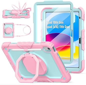 Case for iPad A16 11th Generation 11" 2025 and iPad 10th Generation 10.9" 2022, Lainergie iPad A16 Case with Screen Protector 360 Rotating Stand Shoulder Strap Pencil Holder, Pink Mint