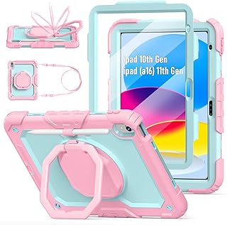 Case for iPad (A16) 11th/10th Generation 11"/10.9" 2025/2022, Pink Mint | Full-body Heavy Duty iPad A16 Case for Adults Kids with Screen Protector, 360° Rotating Stand, Shoulder Strap, Pencil Holder
