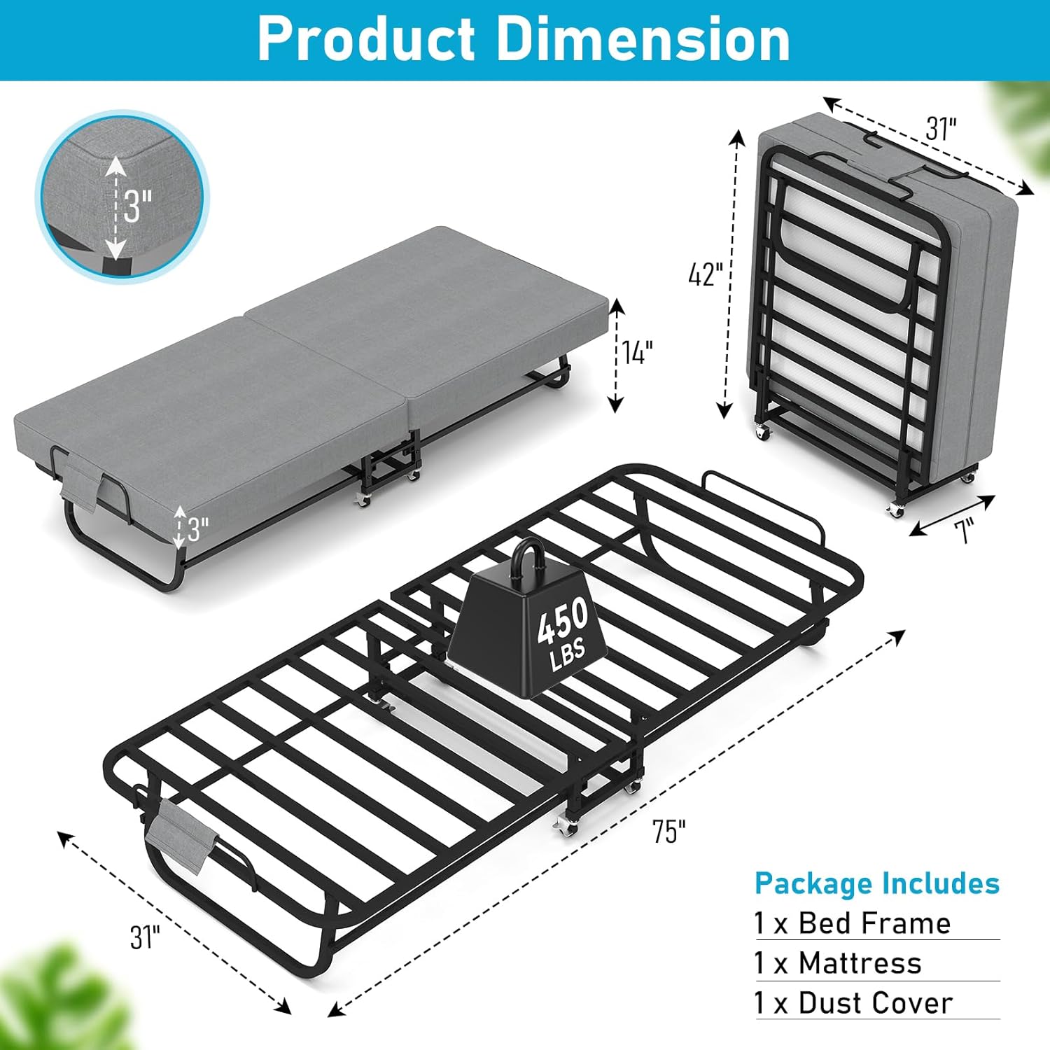 SADENICEL Folding Bed with Mattress for Adults, Portable Foldable Roll Away Bed on Wheels, Memory Foam Mattress and Metal Frame, Space Saving Fold Up for Easy Storage, 75" x 31" | Durability, Portable