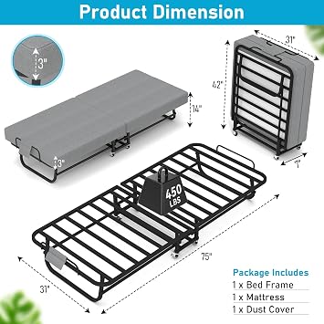 SADENICEL Folding Bed Portable Foldable Roll Away Bed, 75 x 31 | Fold Up Bed, Wheels, Memory Foam Mattress, Metal Frame, Space Saving