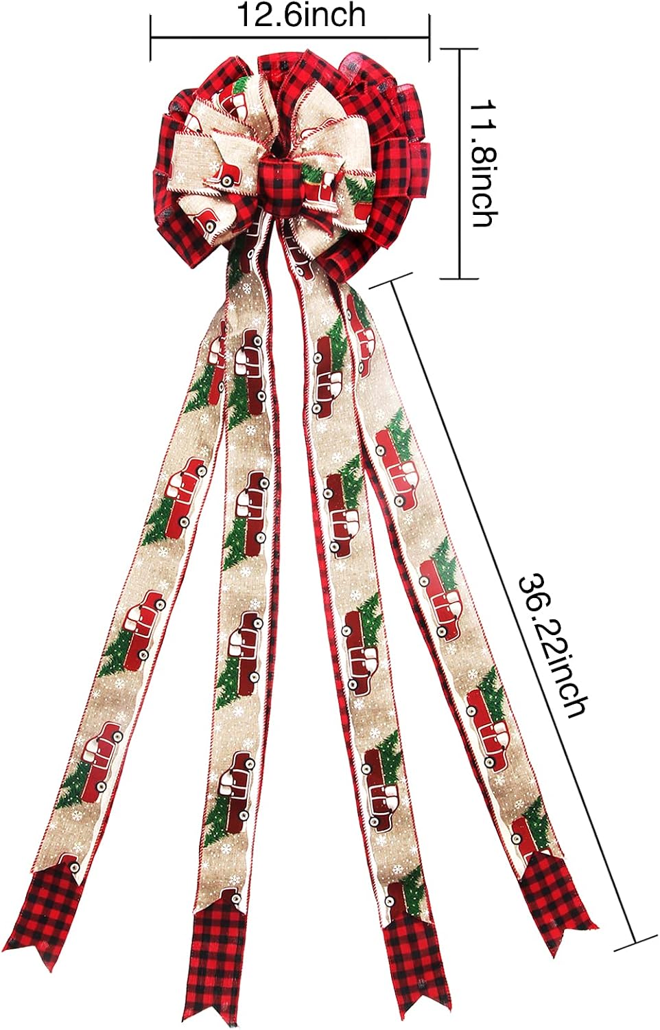 Christmas Tree Topper, 13x48 Inch Christmas Tree Topper Bow Large Red Buffalo Plaid Decorative Bow with Red Truck Farmhouse Handmade for Christmas Tree Wreath Festival Holiday Party Home Decoration