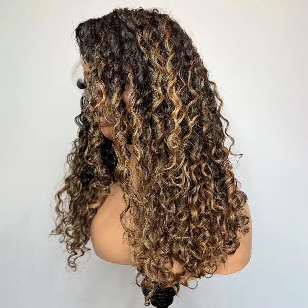 Highlight Honey Blonde Loose Water Wave Transparent HD 13X4 Invisible Lace Front Human Hair Wig Pre Plucked Brazilian Remy Hair Glueless Wig with Bleached Knots 180 Density Loose Curly Wig 22 inch