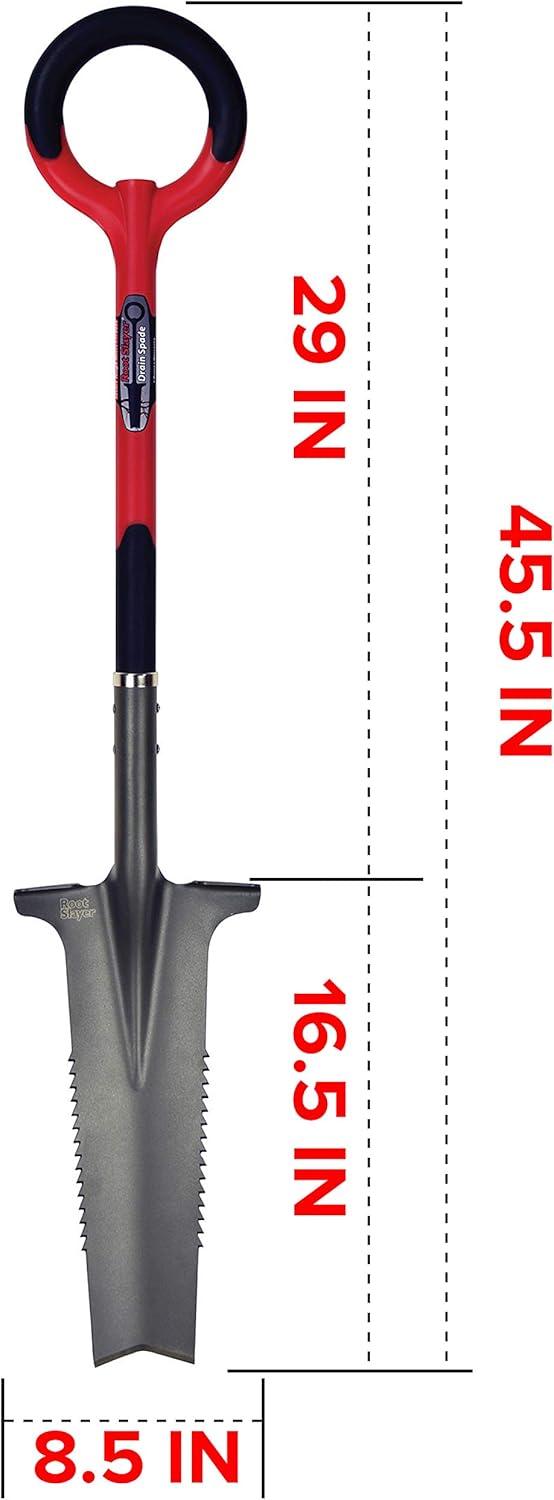 Root Slayer 22811 Drain Spade for Trenching, Digging Soil, and Landscaping Projects, Heavy Duty Steel Shovel, Red