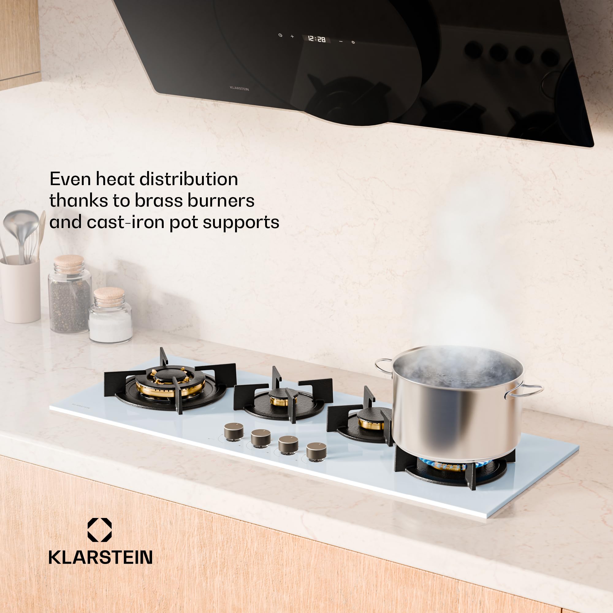 Klarstein Goldflame 4 Slim Płyta gazowa, 4 palniki mosiężne, 3,4kW, 2,4kW, 1,8kW, 1kW, Zapłon SnapJet, Zabezpieczenie przeciwwypływowe, Gaz płynny i ziemny, Biała, W zestawie wąż i reduktor