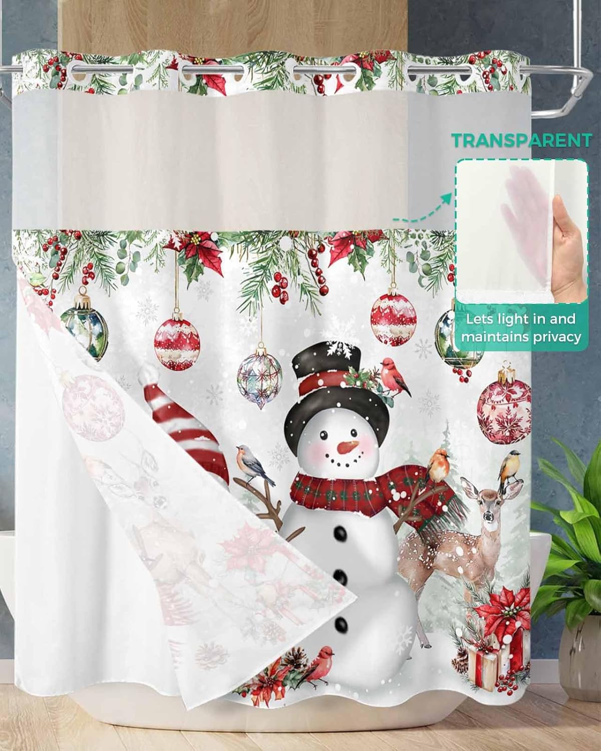 Christmas Shower Curtain with Snap-in Fabric Liner Set Christmas Snowman Deer No Hook Shower Curtain with Mesh Top Window Red Poinsettia Balls Snowflake Shower Curtains Waterproof 72" W x 72" L
