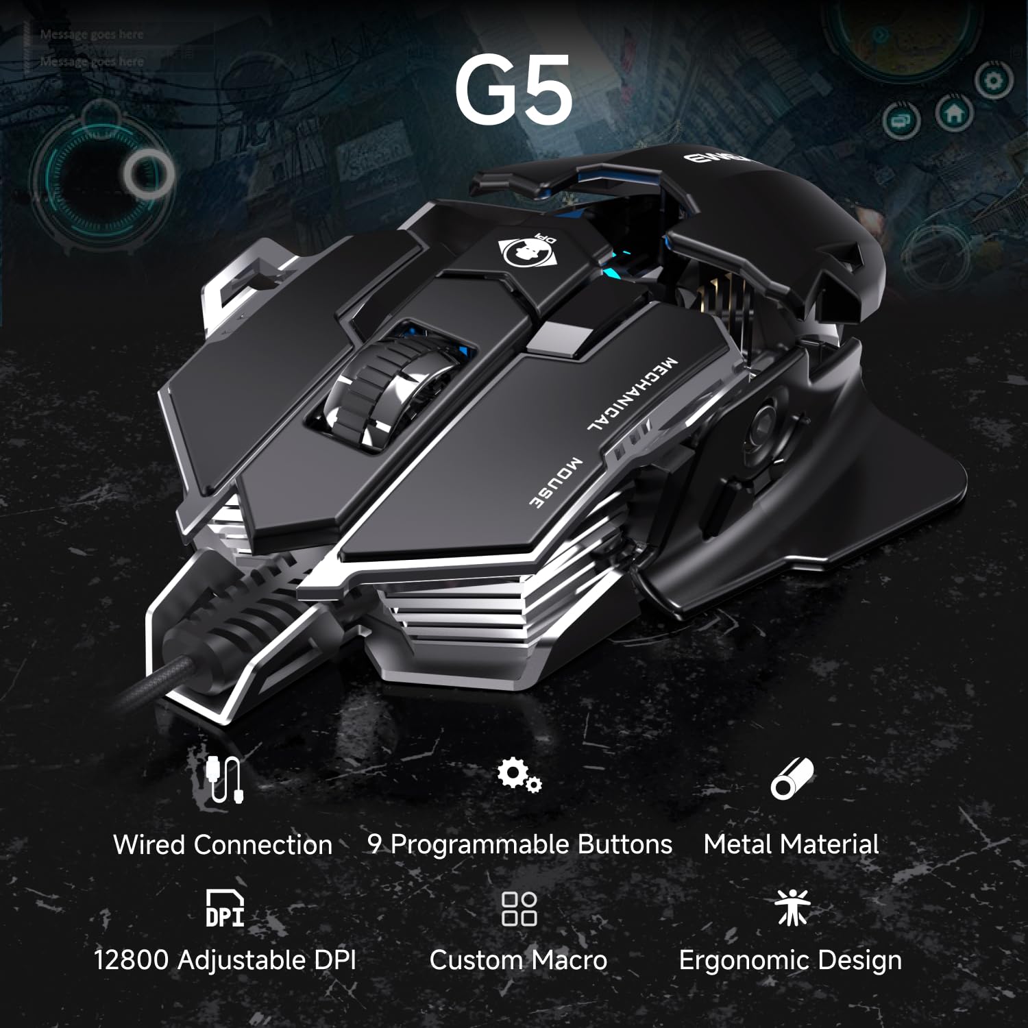 SEUNKWANG EWEADN G5 Souris de jeu filaire ergonomique, RVB, 12800 DPI réglable, 9 boutons macro programmables avec touche Rapid Fire, compatible avec PC/ordinateur portable/Windows - Noir et blanc