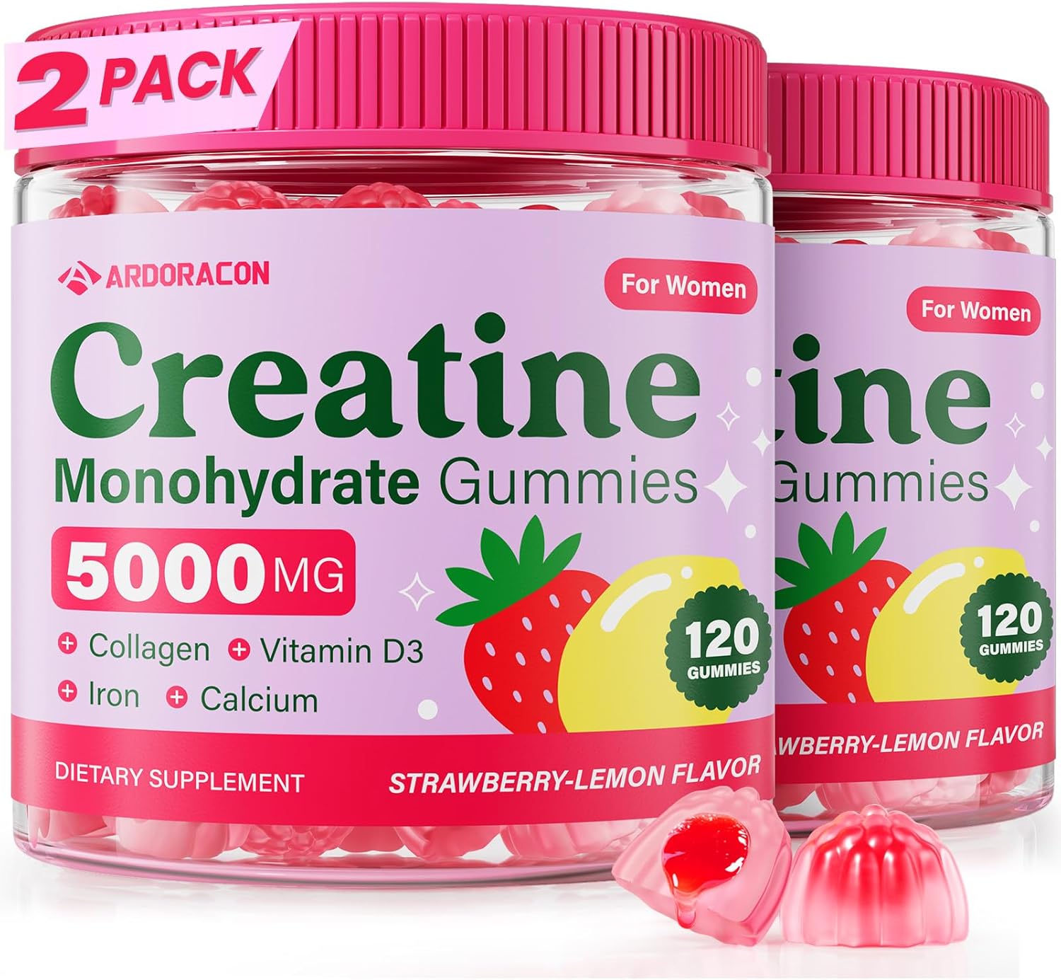 Creatine for Women, Creatine Monohydrate Gummies with Collagen, Vitamin D3 & Calcium for Muscles, Booty & Energy, Flavored Sugar Free Creatine Gummies Post & Pre Workout Supplements (Pack of 2)