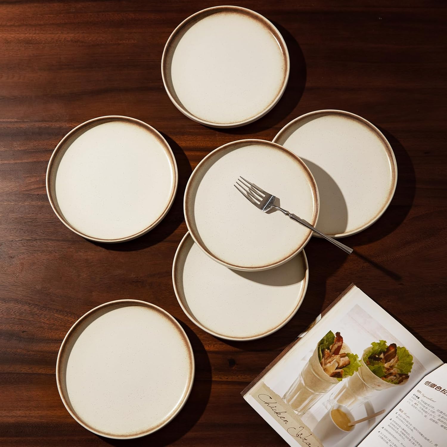 8 Inch Ceramic Dinner Plates - Set of 6, Matte White with Brown Rim, Microwave & Dishwasher Safe