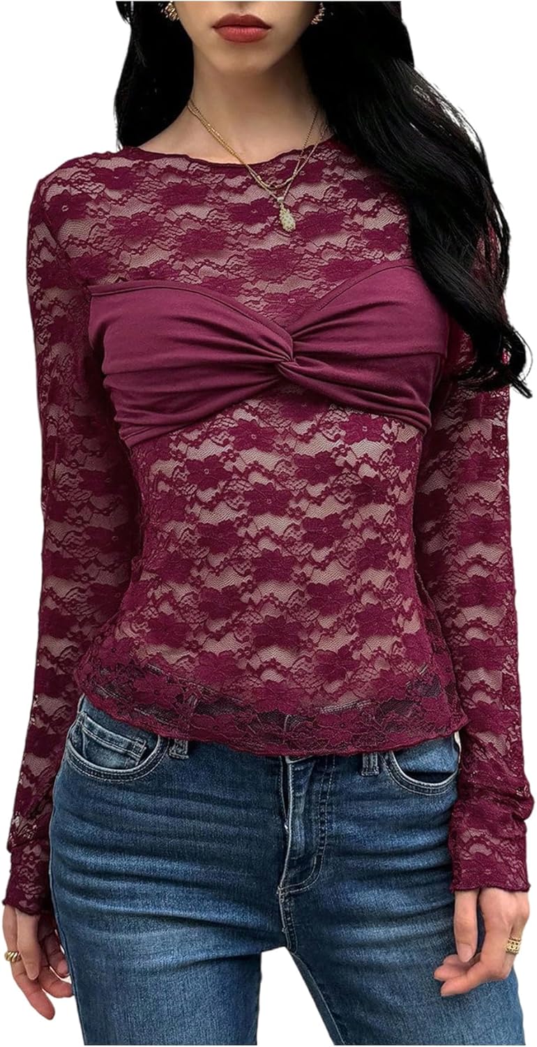 MakeMeChic Women's Twisted Floral Lace Tee Shirt Crew Neck Long Sleeve Sheer Tops