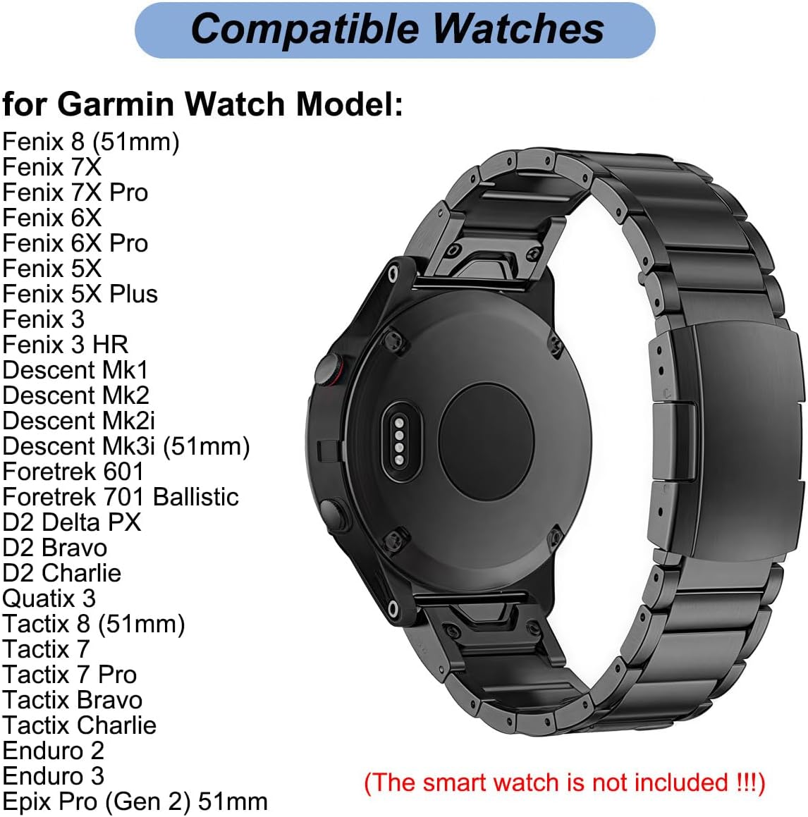Titanium Band for Garmin Fenix 8 (51mm)/Fenix 7X/6X/5X/Fenix 3 HR, Descent Mk2i Mk2, Tactix 7, Enduro 2 3, Epix Pro Gen 2 (51mm) - 26mm Quick Fit Watch Band Metal Strap for Garmin Watch - Image 2
