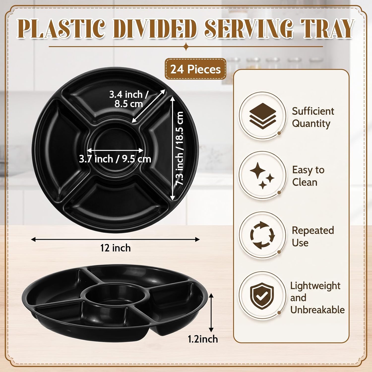 24 Pcs 5 Compartment Divided Serving Trays Plastic,Black image 2
