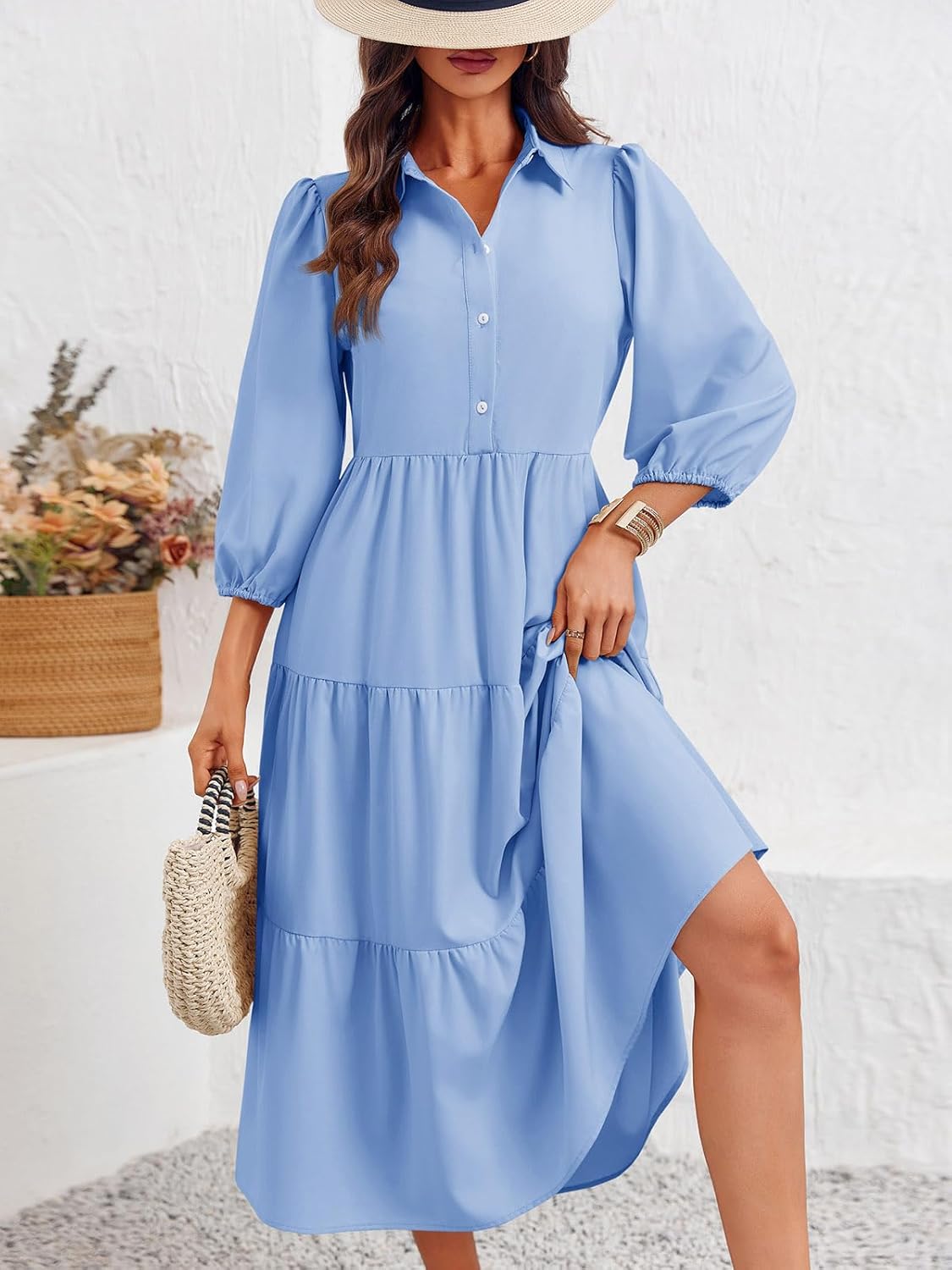 Wenrine Womens Casual 3/4 Sleeve Shirt Dress Button Down V Neck Tiered Collared Flowy Maxi Dress - Image 3
