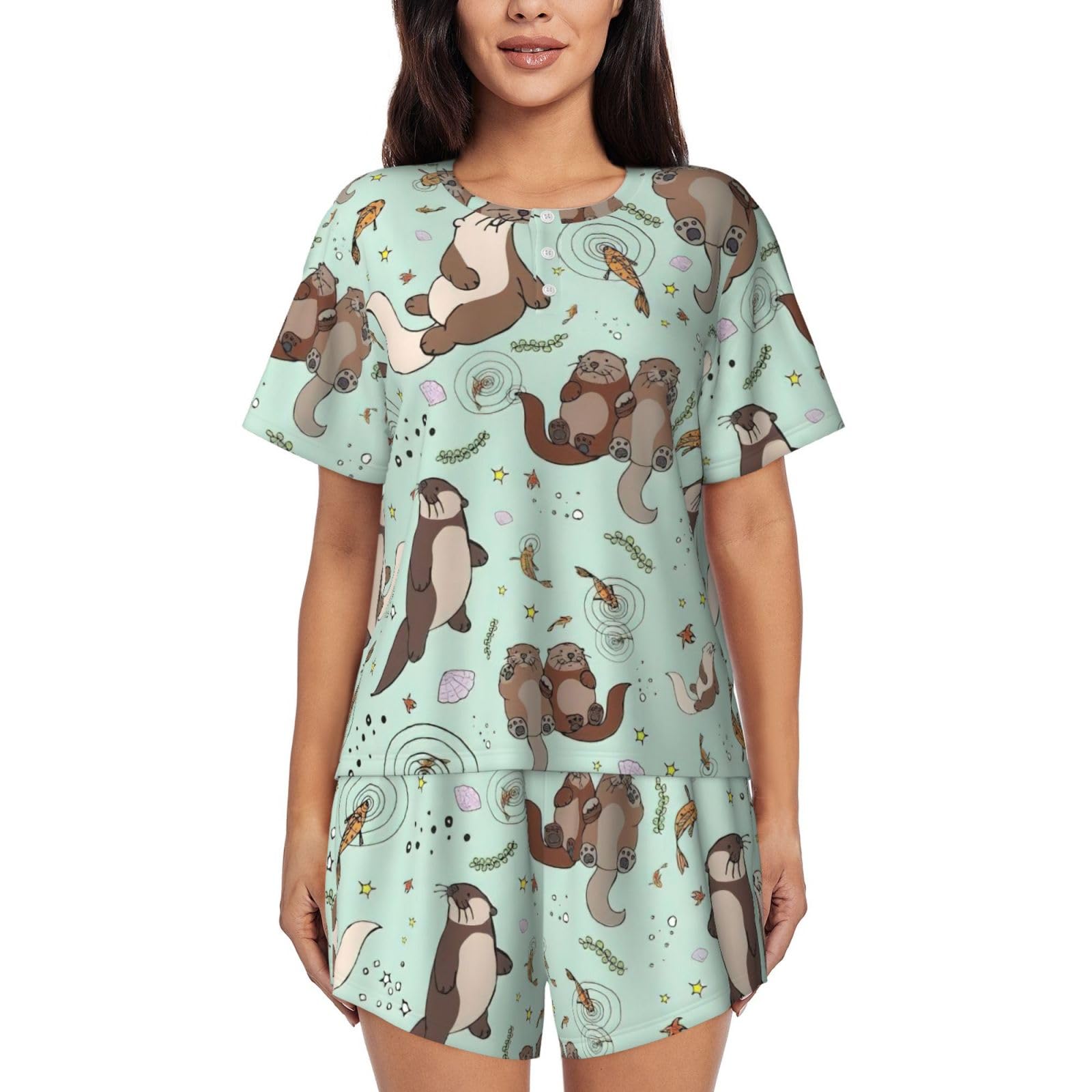 Otters Women'S Lounge Pajamas, Comfy Short Sleeve Sleepwear Sets With Button Down Top And Pocket, Black, M