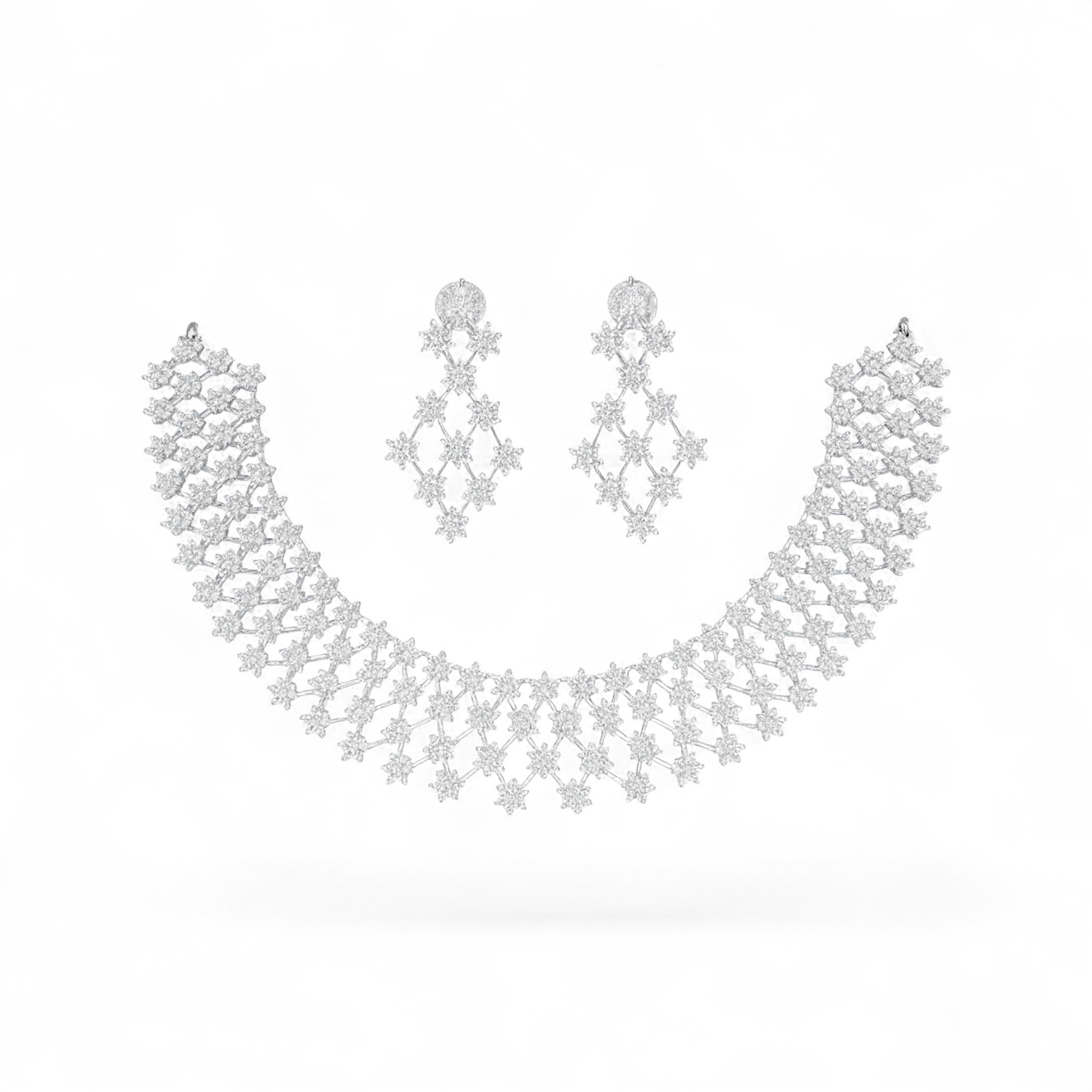 7 Stone Silver Necklace with matching Earrings | Elite Quality | (Rhodium) (Crystal White, 4 Line)