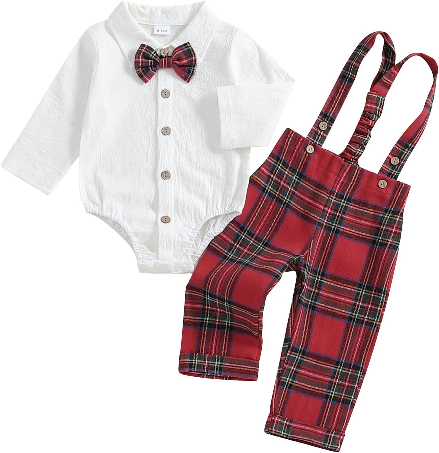 Fall Outfit Newborn Baby Boy Gentleman Long Sleeve Bow Tie Romper Plaid Suspender Pants 2Pcs Christmas Clothes Set