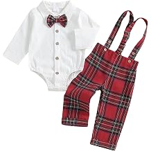 Fall Outfit Newborn Baby Boy Gentleman Long Sleeve Bow Tie Romper Plaid Suspender Pants 2Pcs Christmas Clothes Set