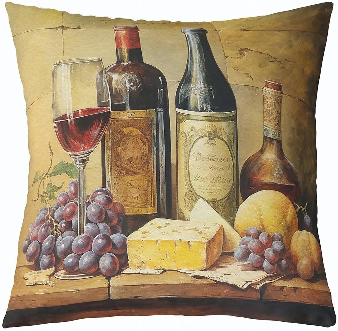 Feelyou Vintage Wine Pillow Case Cushion Cover Kids Wine Glass Throw Pillow Cover 24"x24" Soft Retro Brand Decorative Throw Pillowcase forAbstract Art Brown Cushion Case