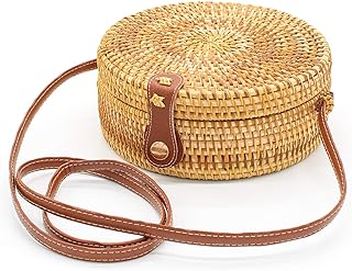 Sponsored Ad - Handmade Round Rattan Bag Casual Crossbody Bag for Women Beach Travel Shoulder Bag with Leather Strap & Sna...