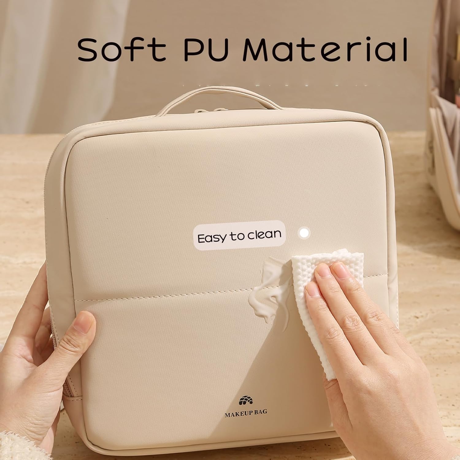 Foldable MagneticStanding Makeup Bag,Large Capacity PU Leather Cosmetic Bag with Phone Holder, Detachable Dividers, Wipe-Clean Brush Pouch for Women and Girls(02Beige)
