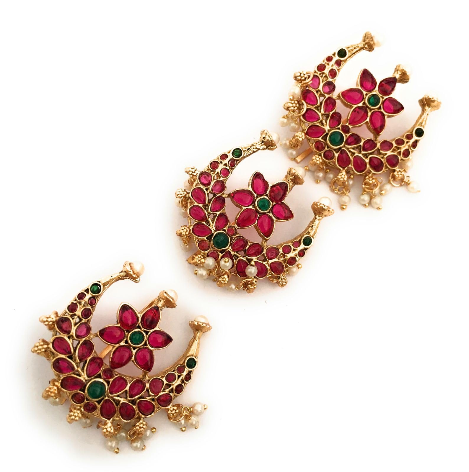antique gold color finish jada billa set (pack of 3) with green and ruby red color stones for women and girls wedding party fancy juda pins bun pins center clips hair pins for children-image-8