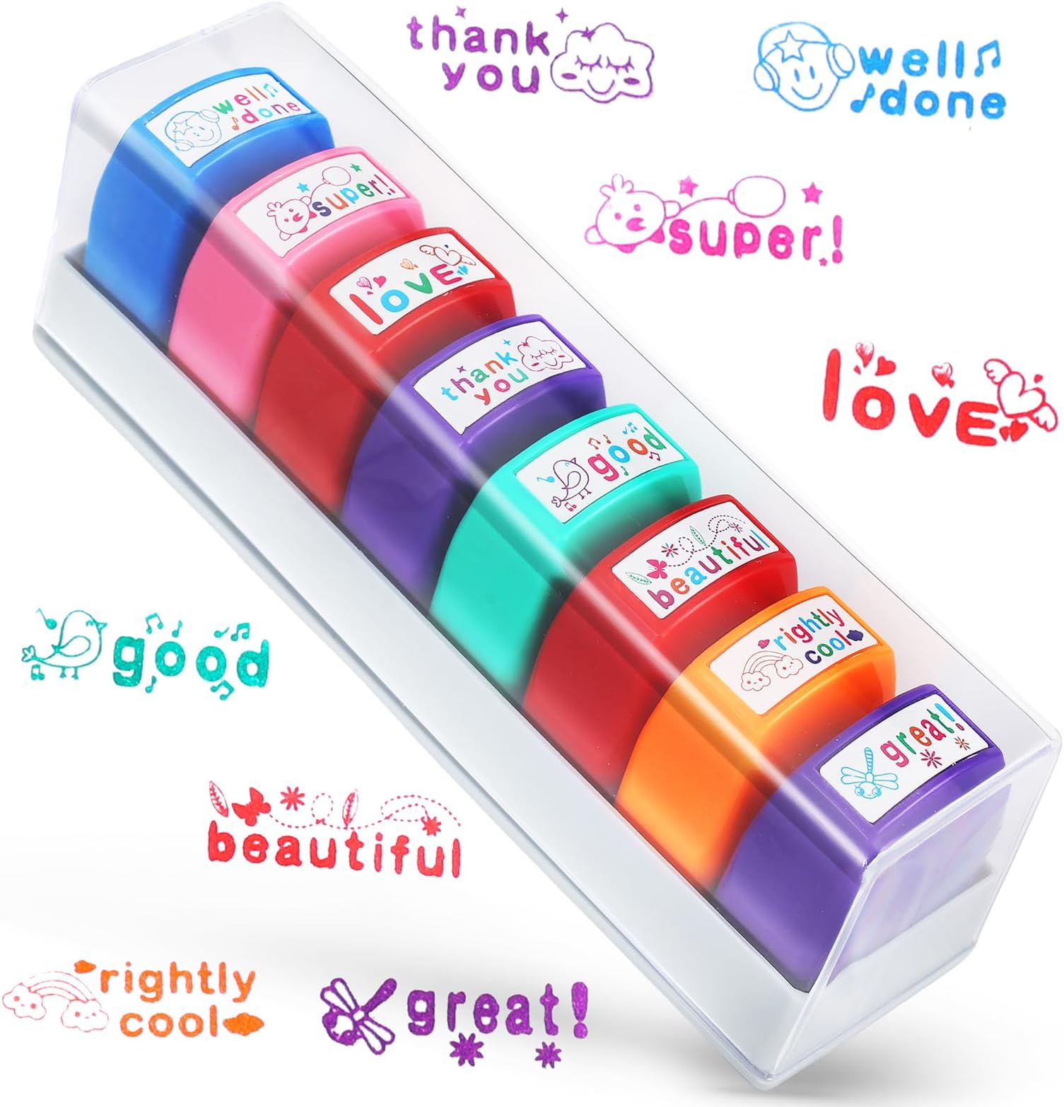 Tmtains 8Pcs Teacher Stamps for Grading Classroom Teacher Supplies Self-inking Motivational Encouraging Comments Colorful Stamp Set for Parent Signature School Teacher Review Homework Reward with Tray
