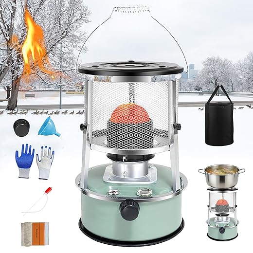 Non Electric Heaters for Indoor, 9000 Btu Kerosene Heater Indoor for Large Rooms, Up to 21h Runtime, Portable Non-electric Space Heater for Emergency Home Use, Power Outage, With Cooking Func (Green)